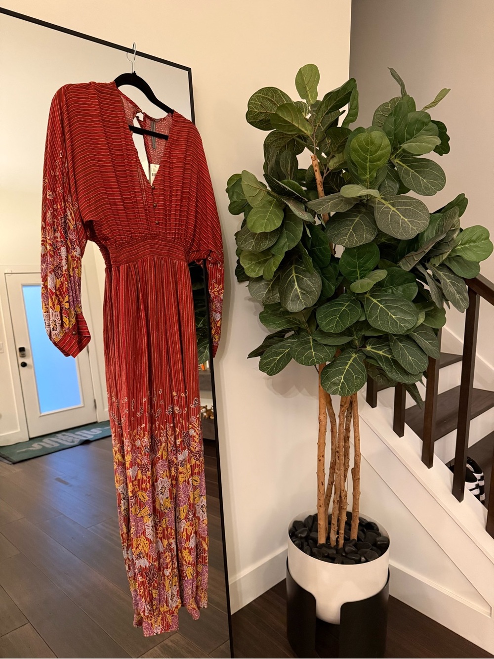 Anthropologie Rust Floral Border Print Boho Maxi Dress Size S NWT Gold Stripe